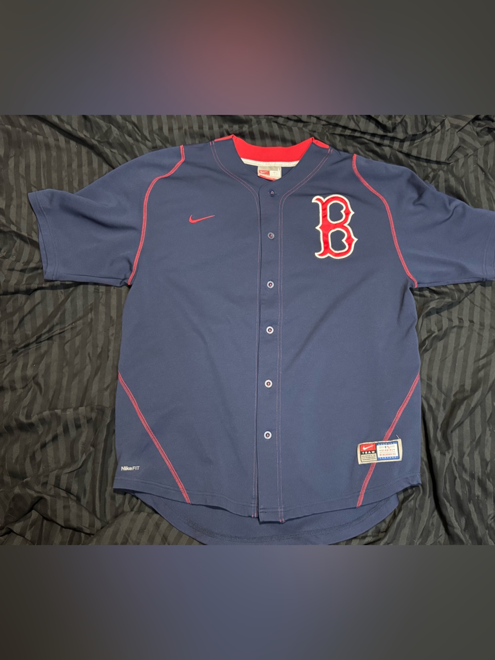 Nike Men’s Navy Blue Baseball Jersey with Red Accents